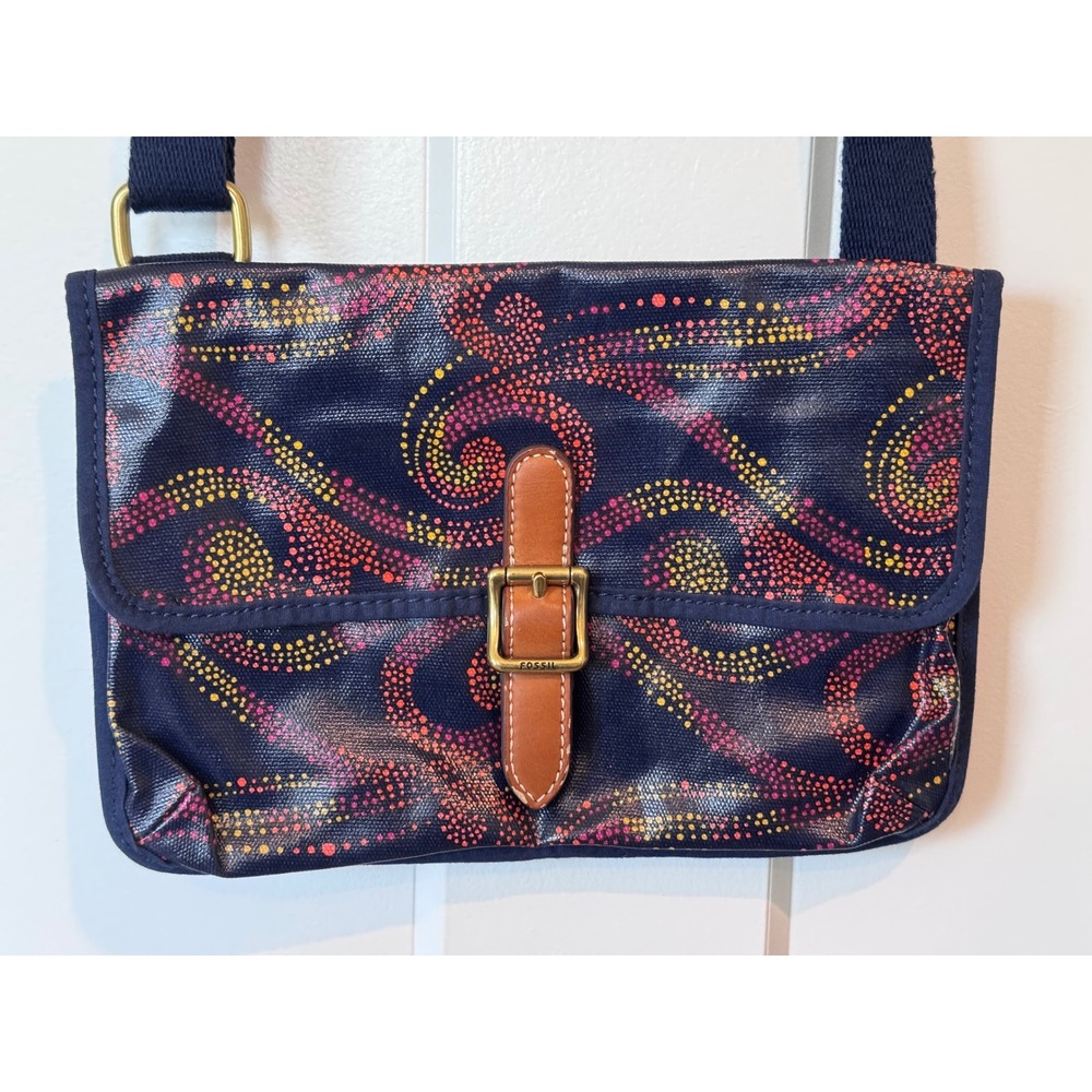 Fossil Navy Blue Coated Canvas Dotted Swirl Crossbody Bag Adjustable Strap